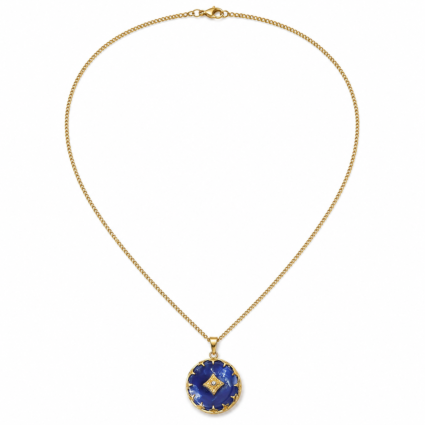 Gold Plated Blue Acetate Vintage Starburst Pendant Necklace