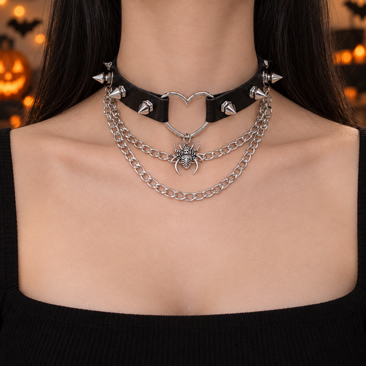 Edgy Punk Black Spiked Heart Choker with Layered Spider Chains