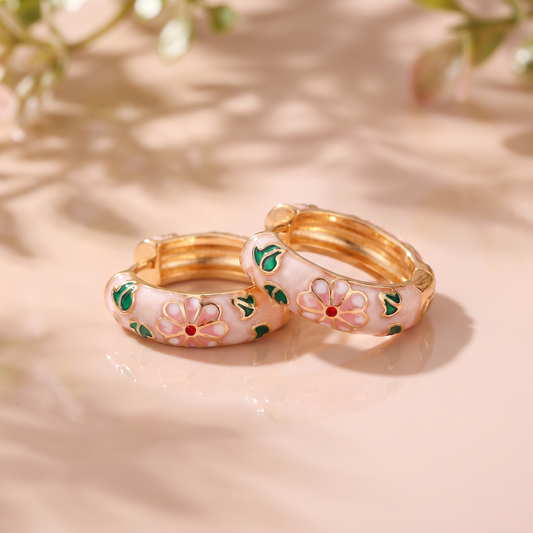 Gold Plated Floral Enamel Chunky Huggie Hoop Earrings