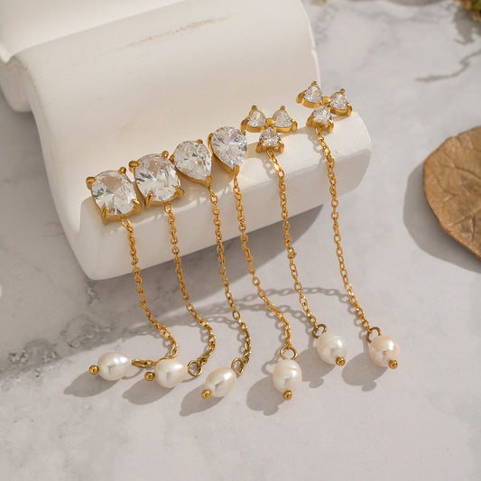 Stone & Pearl Chain Drop Earrings