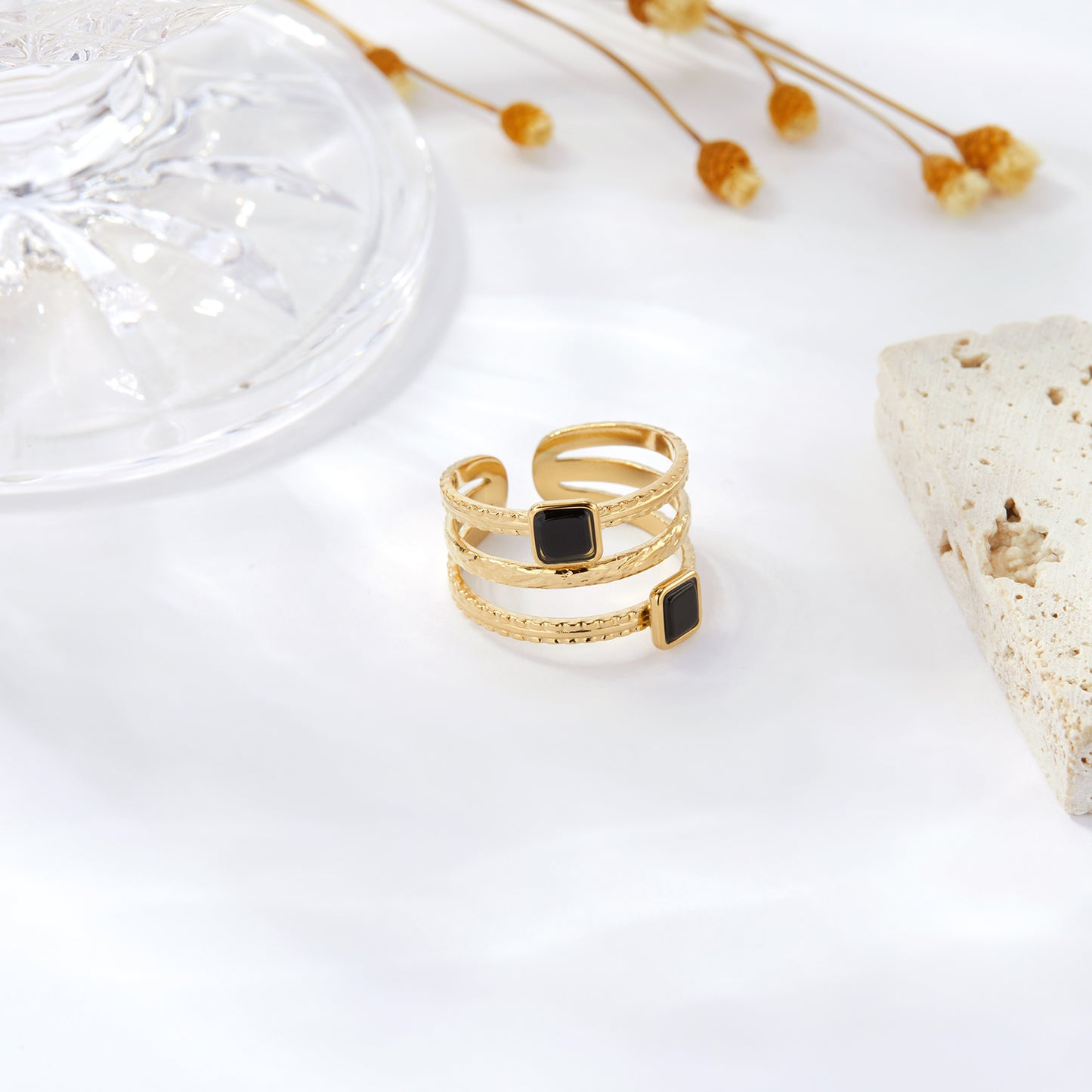 Modern Textured Triple Band Black Square Adjustable Ring