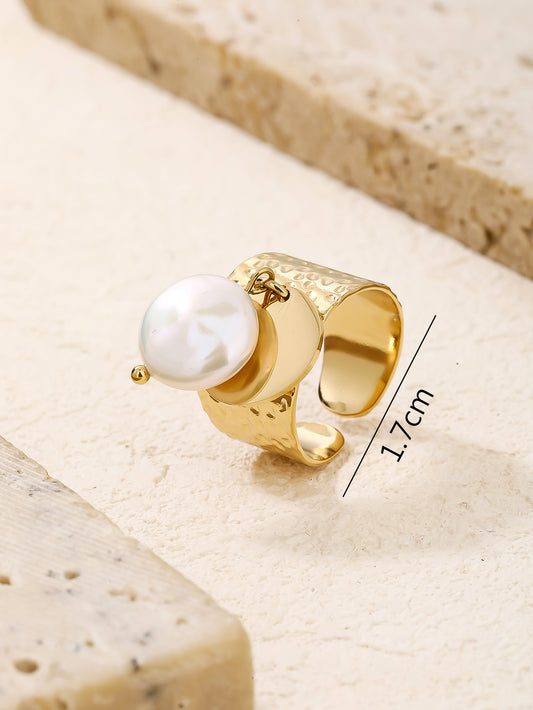 Gold Hammered Pearl Charm Wide Statement Ring