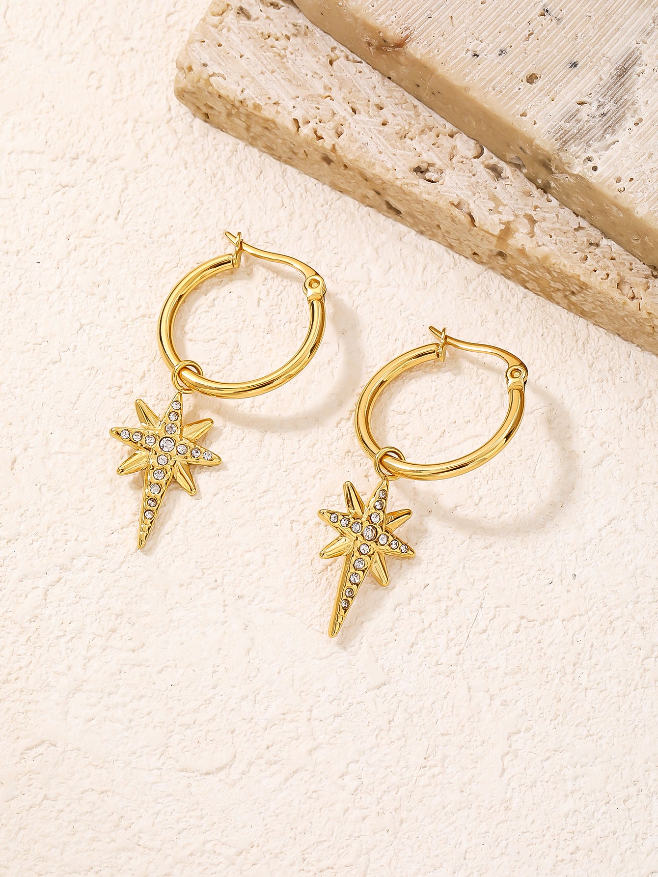 Gold Pave North Star Dangle Hoop Earrings