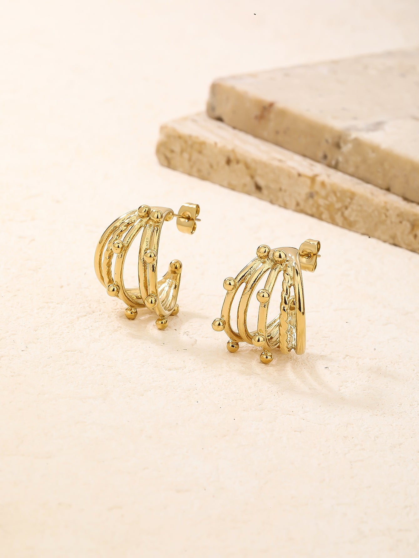 Chunky Gold Multi-Layer Beaded Half Hoop Earrings