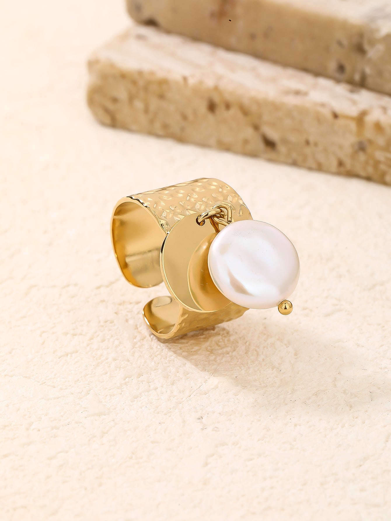 Gold Hammered Pearl Charm Wide Statement Ring