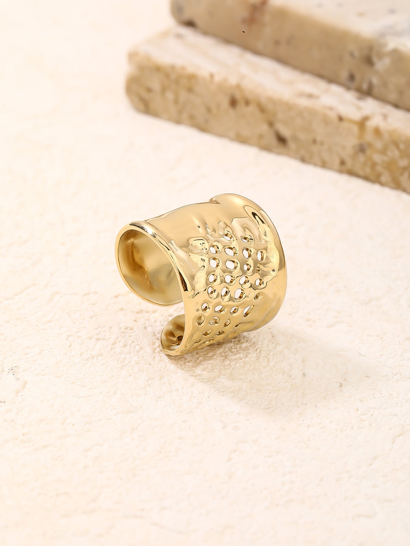 Gold Wide Hammered Cutout Adjustable Statement Ring