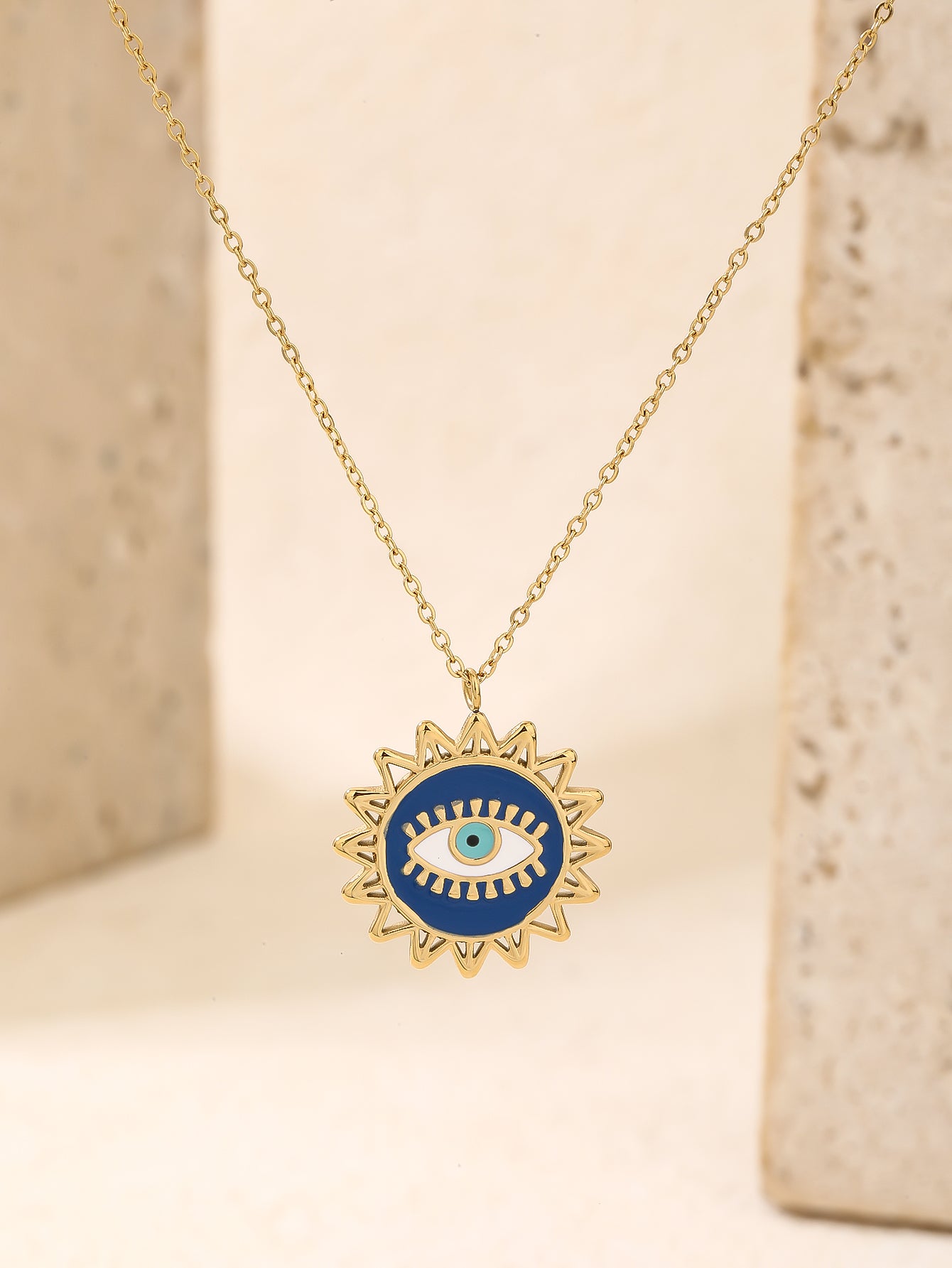 Gold Blue Enamel Evil Eye Sunburst Pendant Necklace