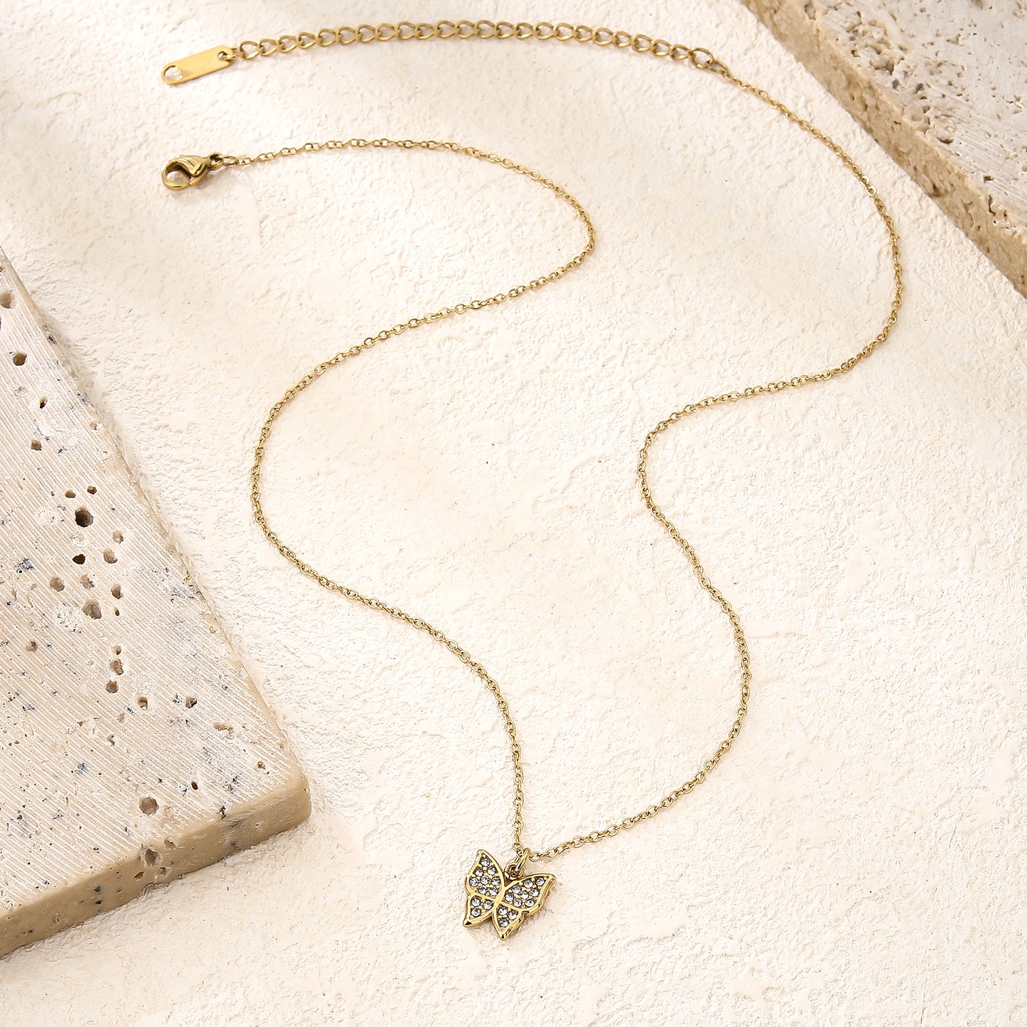 Dainty Pave Crystal Butterfly Pendant Gold Necklace
