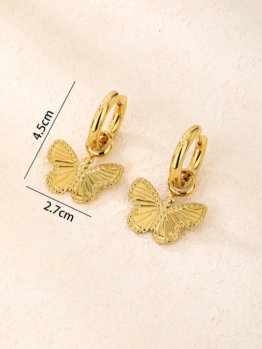 Chunky Gold Textured Butterfly Charm Hoop Earrings