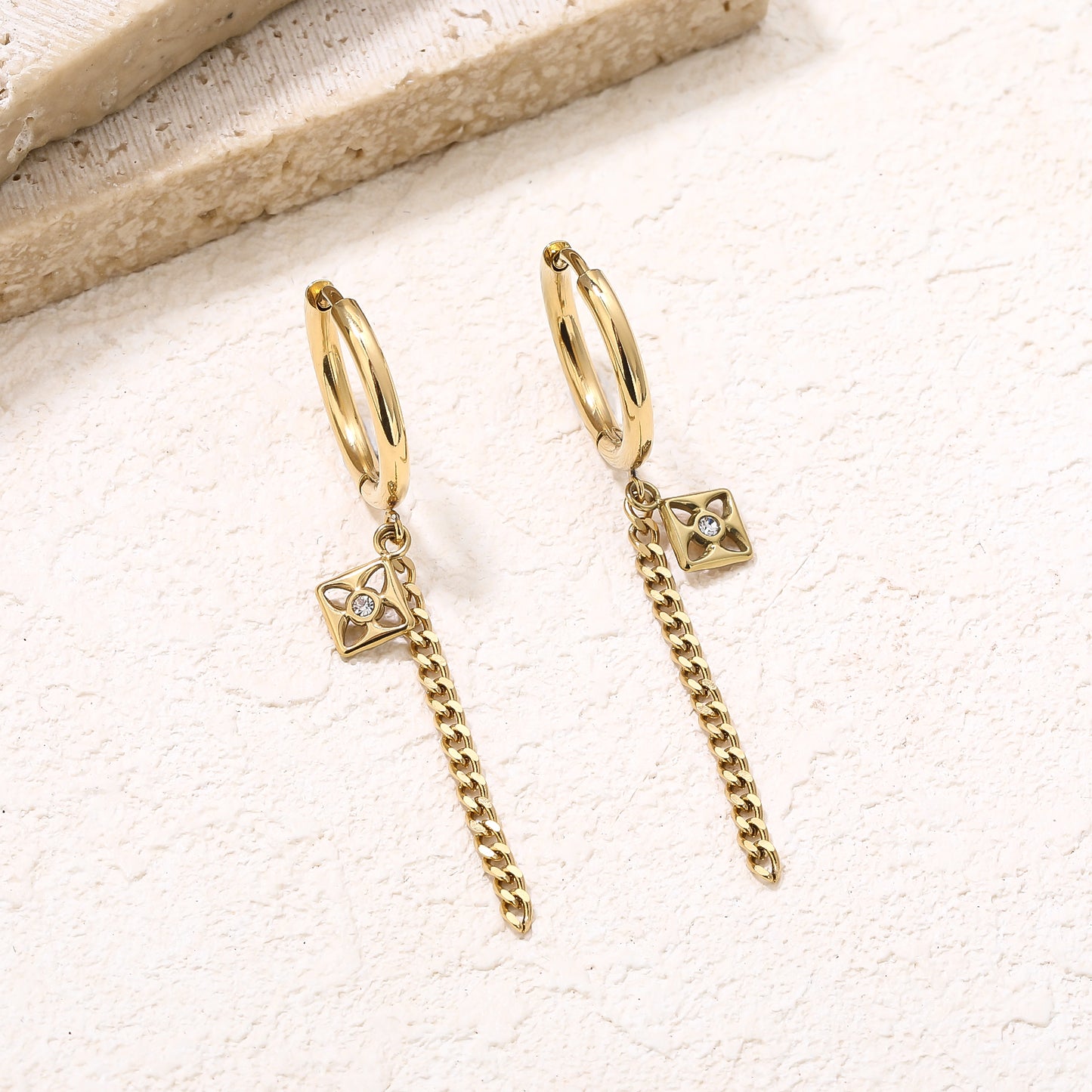 Gold Dangle Drop Hoop Earrings with Link