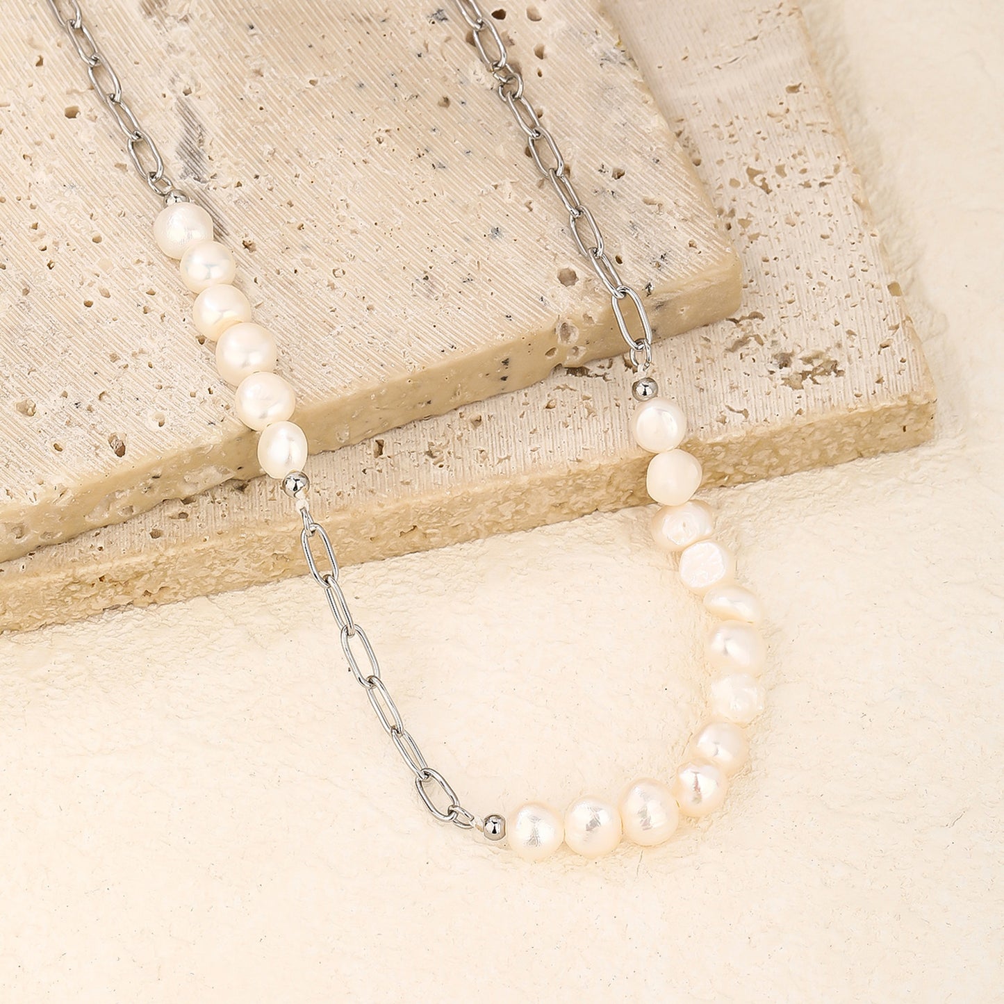 Paper Clip Barque Pearl Choker Necklace