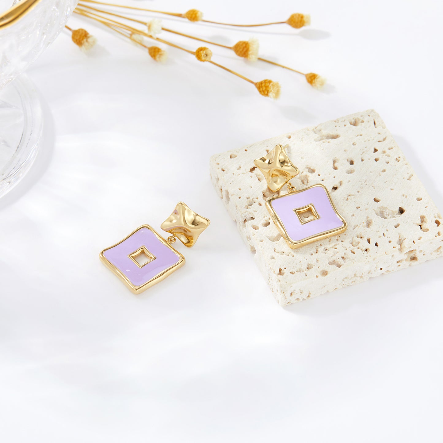 Gold Plated Lilac Enamel Geometric Square Drop Earrings