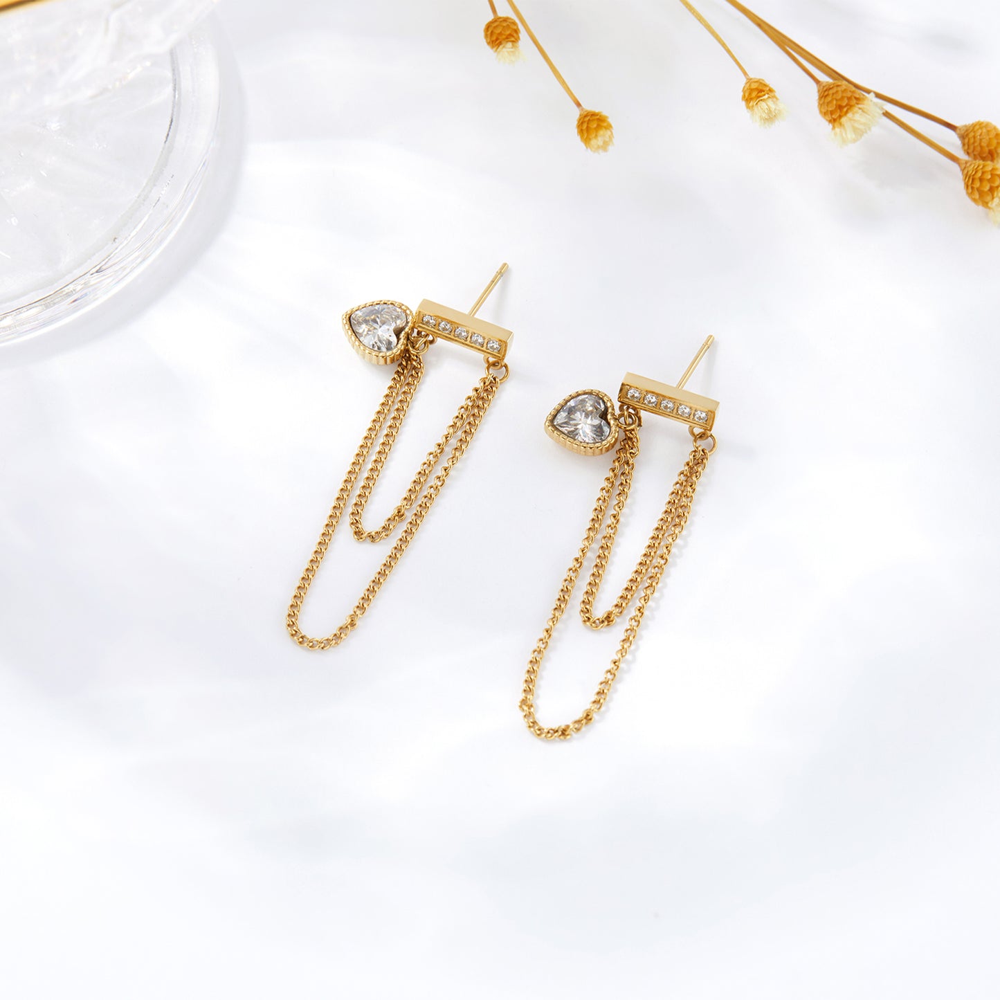 18K Gold CZ Heart Chain Dangle Drop Earrings
