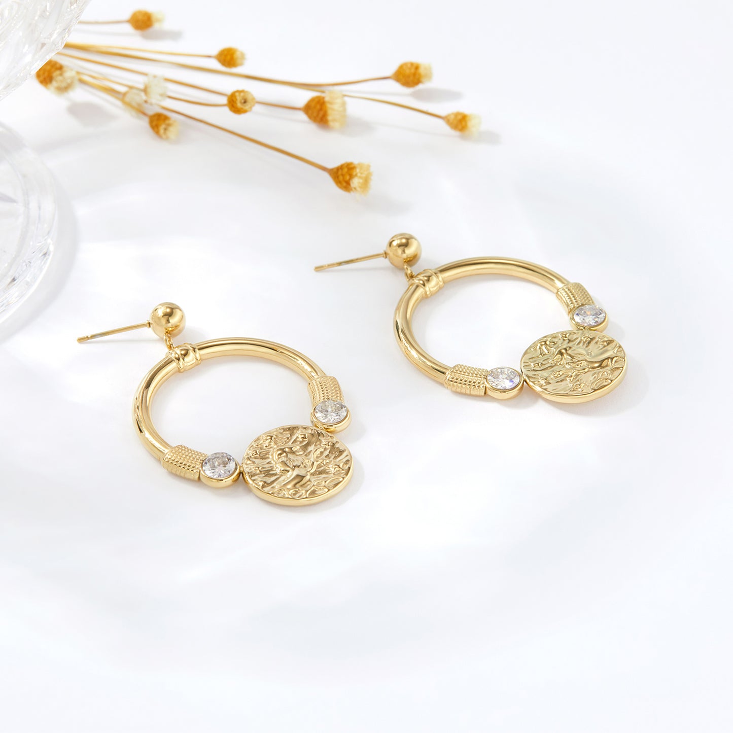 Embossed Gold Medallion Crystal Hoop Drop Earrings