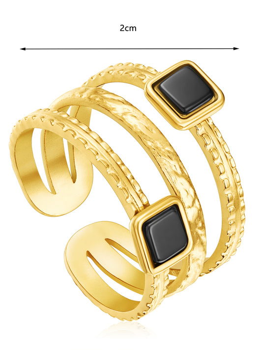 Modern Textured Triple Band Black Square Adjustable Ring