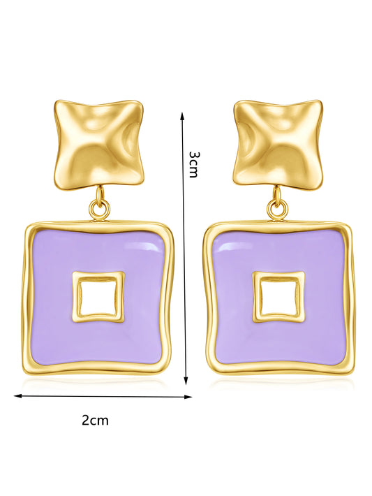 Gold Plated Lilac Enamel Geometric Square Drop Earrings