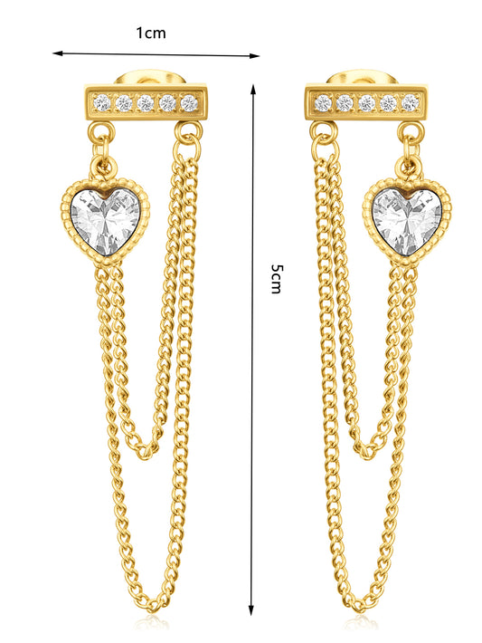 18K Gold CZ Heart Chain Dangle Drop Earrings