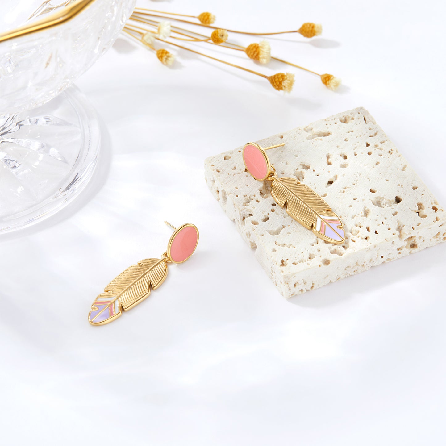 Boho Gold Pastel Enamel Feather Drop Earrings