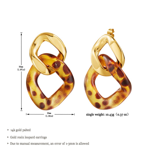 14K Gold Plated Leopard Resin Link Drop Earrings
