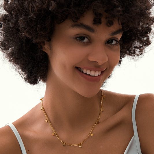 Celestial Gold Star Charm Layering Curb Chain Necklace