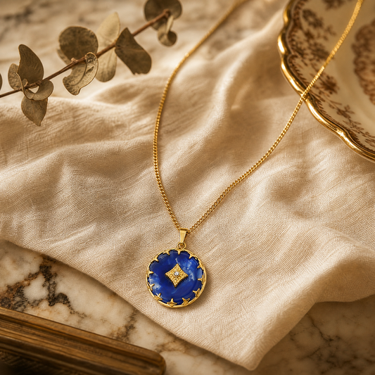 Gold Plated Blue Acetate Vintage Starburst Pendant Necklace