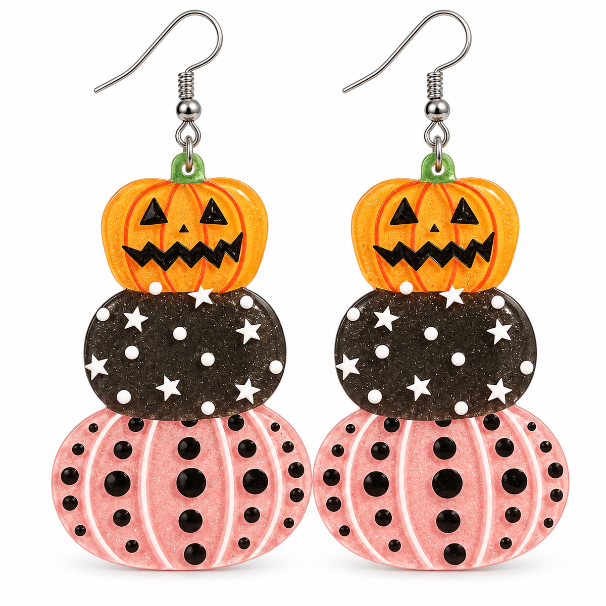 Cute Stacked Pastel Pink and Black Pumpkin Halloween Drop Earrings