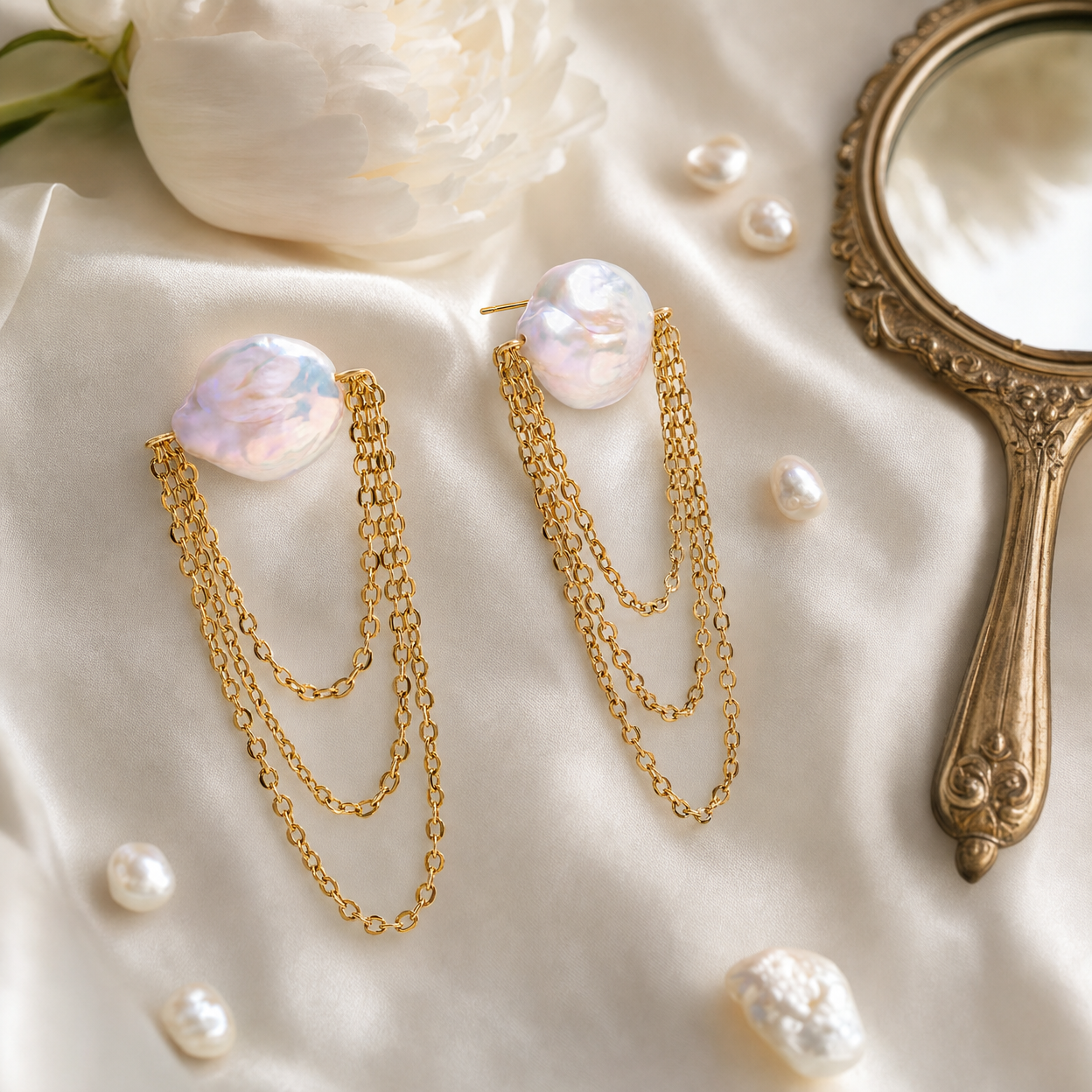 Pearl Layered Chain Drop Earrings