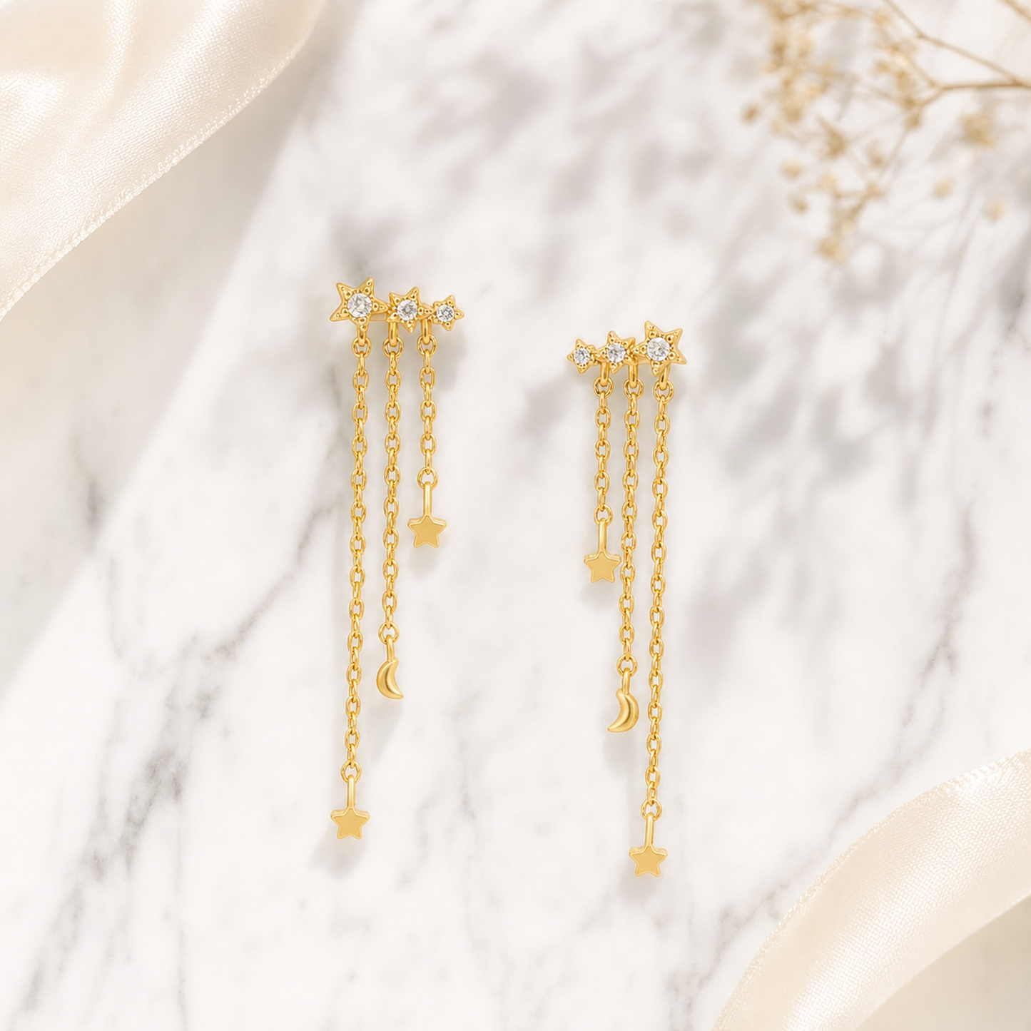 Celestial Star & Moon Chain Drop Earrings