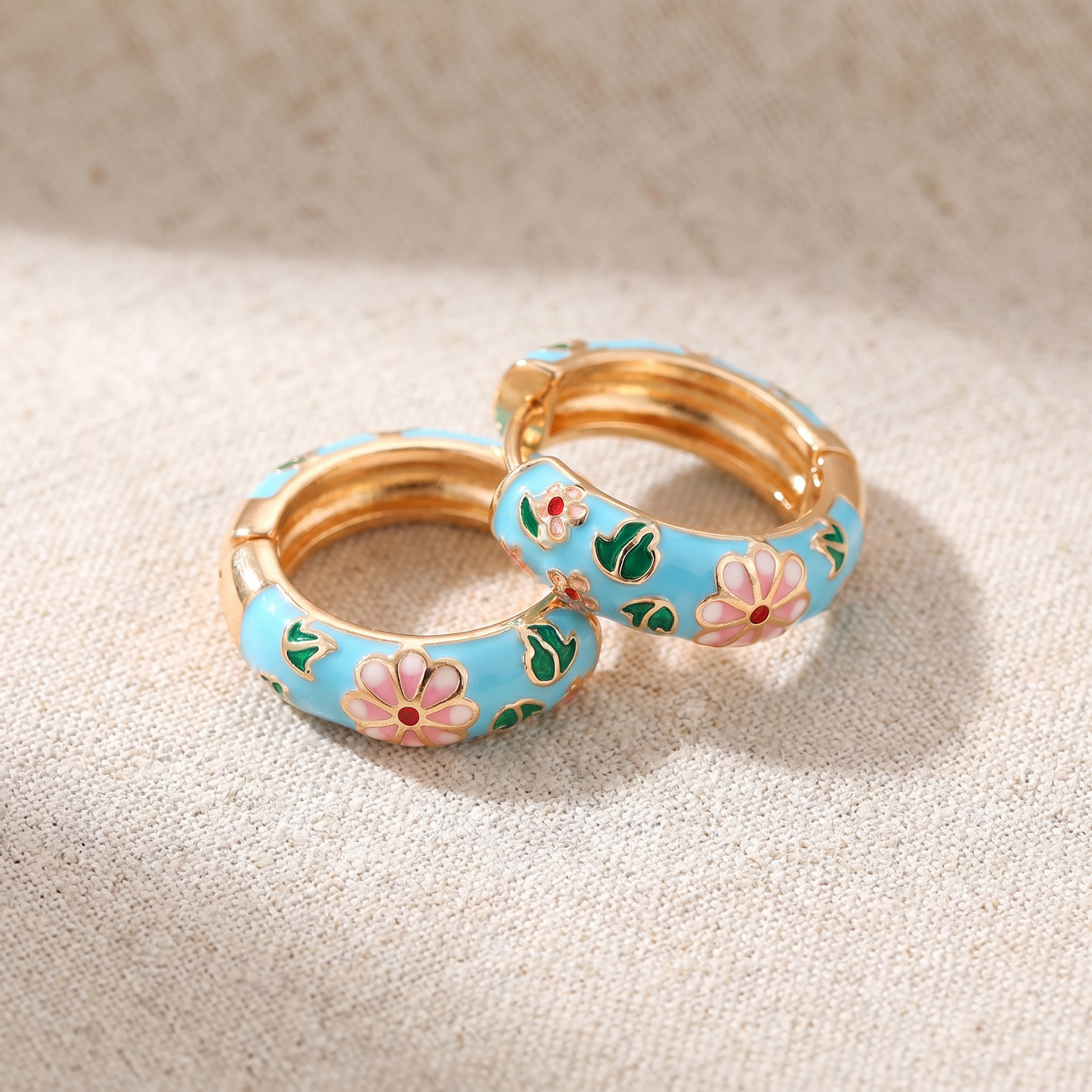 Gold Plated Floral Enamel Chunky Huggie Hoop Earrings