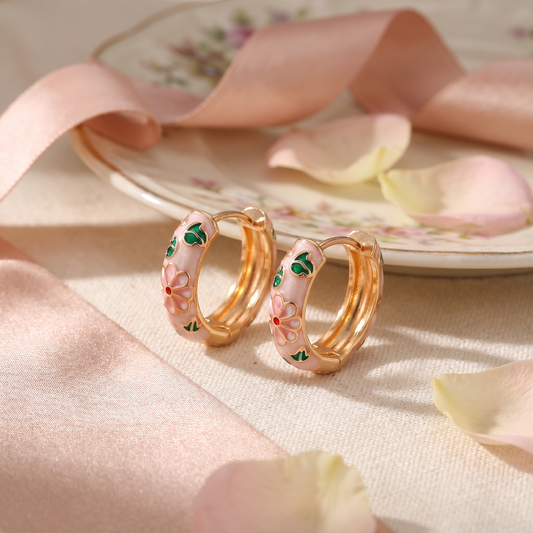 Gold Plated Floral Enamel Chunky Huggie Hoop Earrings