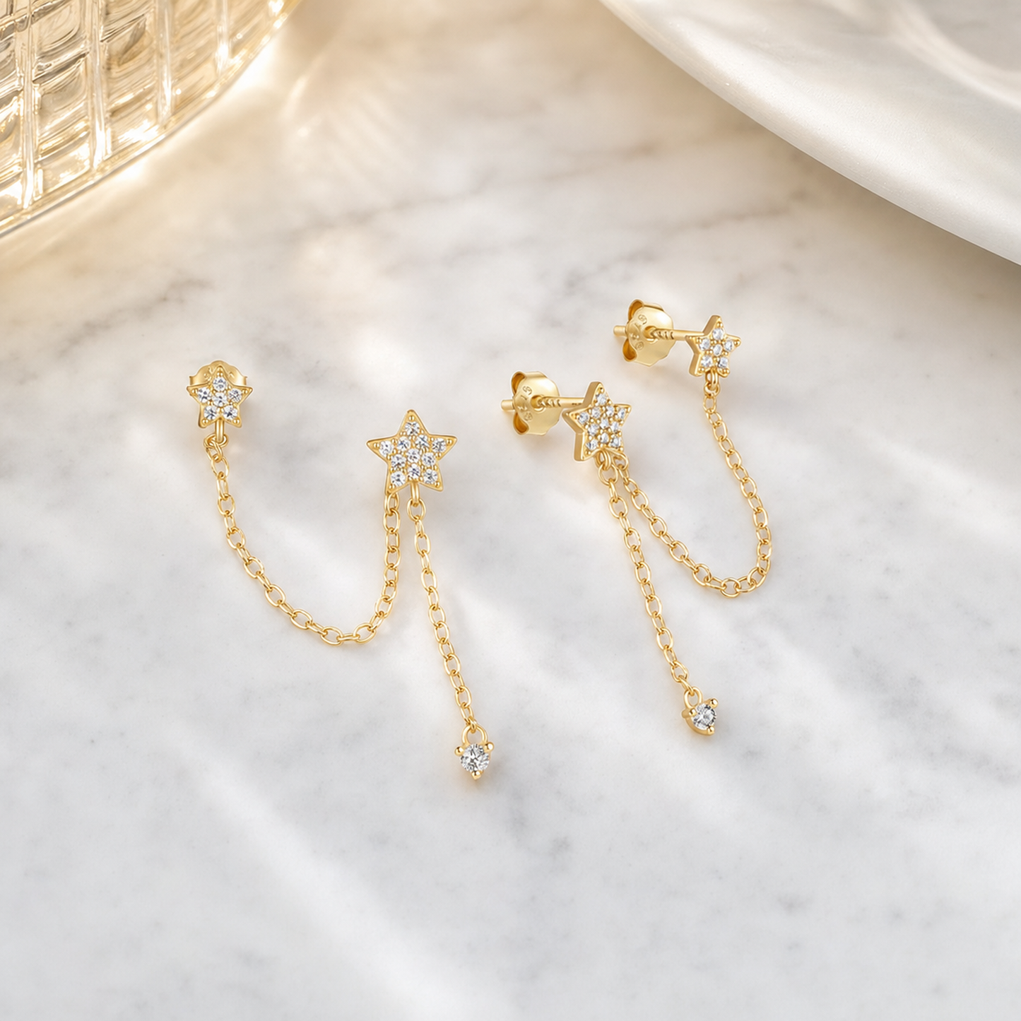 925 Sterling Silver CZ Star Chain Earrings