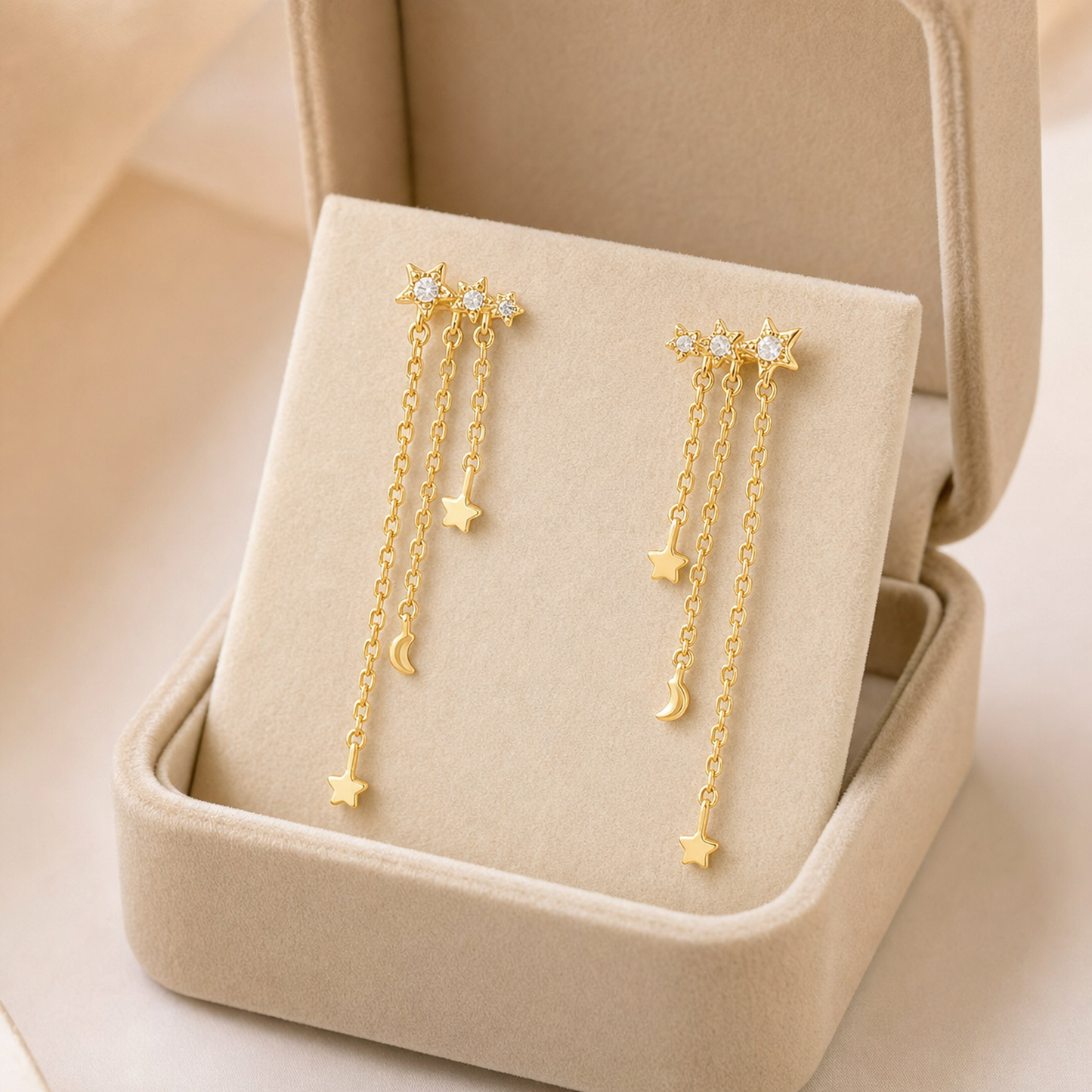 Celestial Star & Moon Chain Drop Earrings