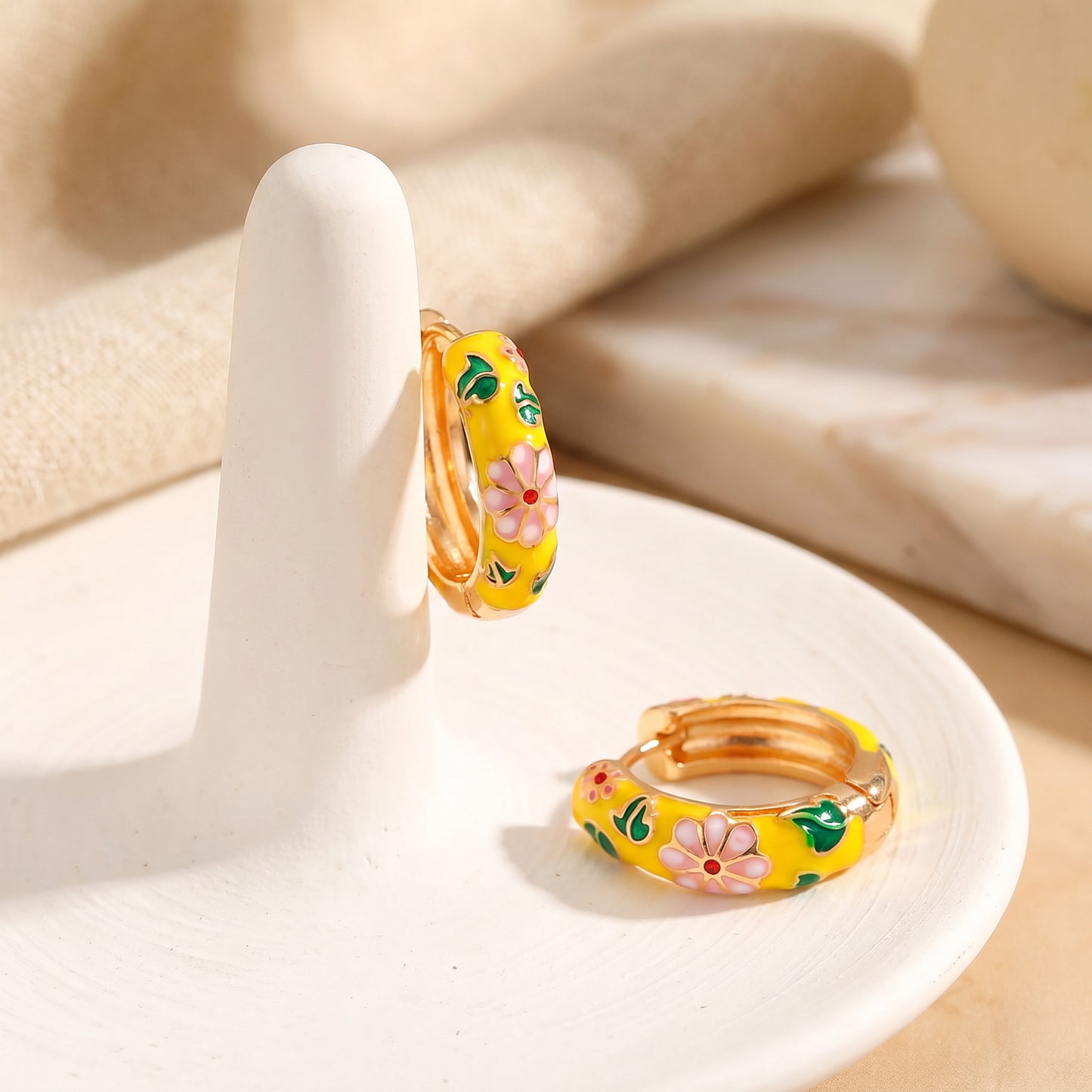 Gold Plated Floral Enamel Chunky Huggie Hoop Earrings