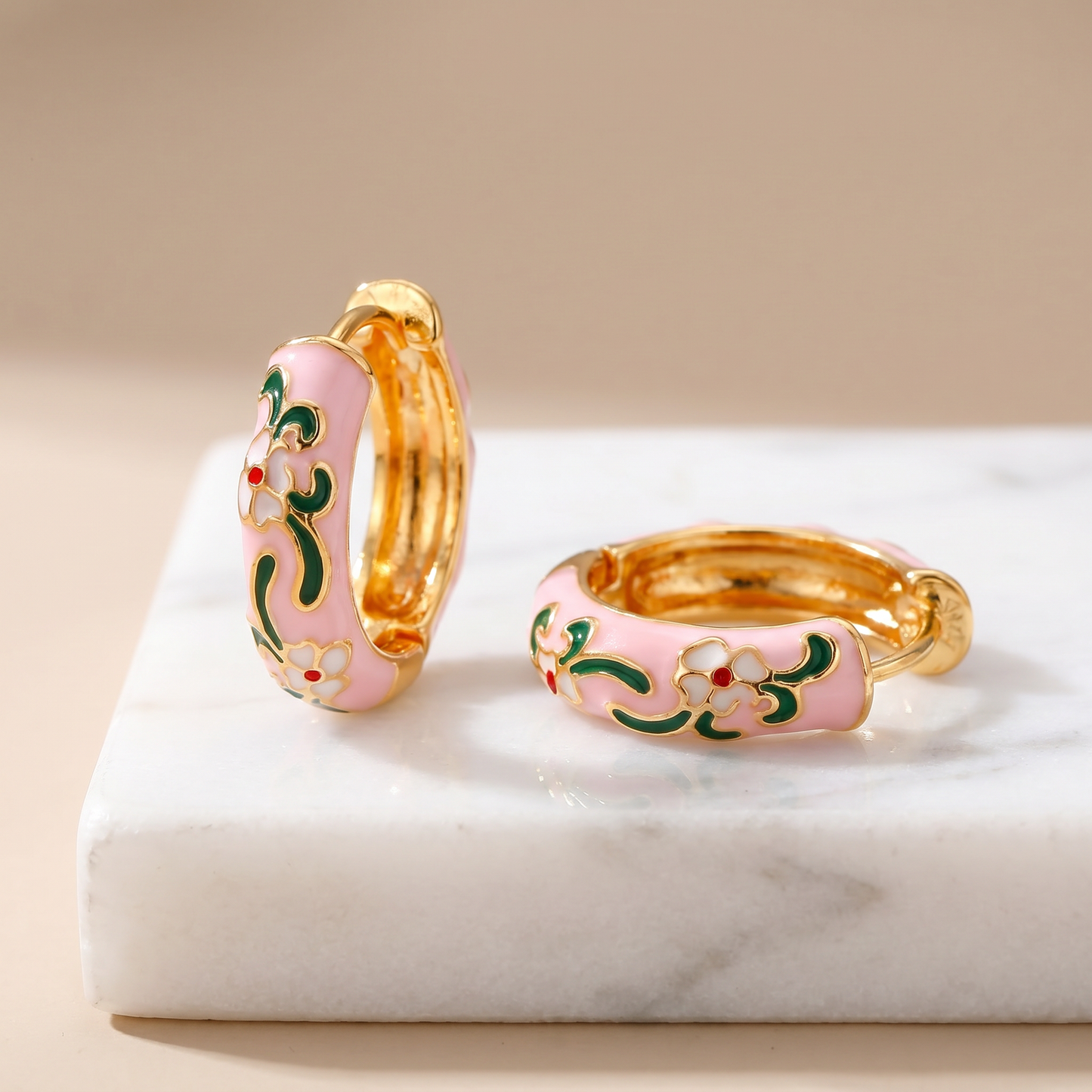Gold Plated Floral Enamel Chunky Huggie Hoop Earrings