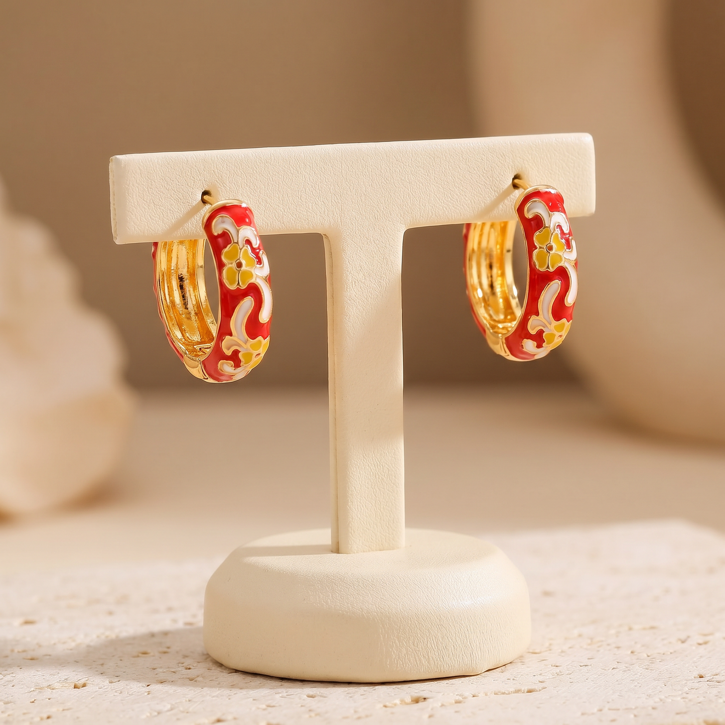 Gold Plated Floral Enamel Chunky Huggie Hoop Earrings