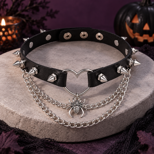 Edgy Punk Black Spiked Heart Choker with Layered Spider Chains