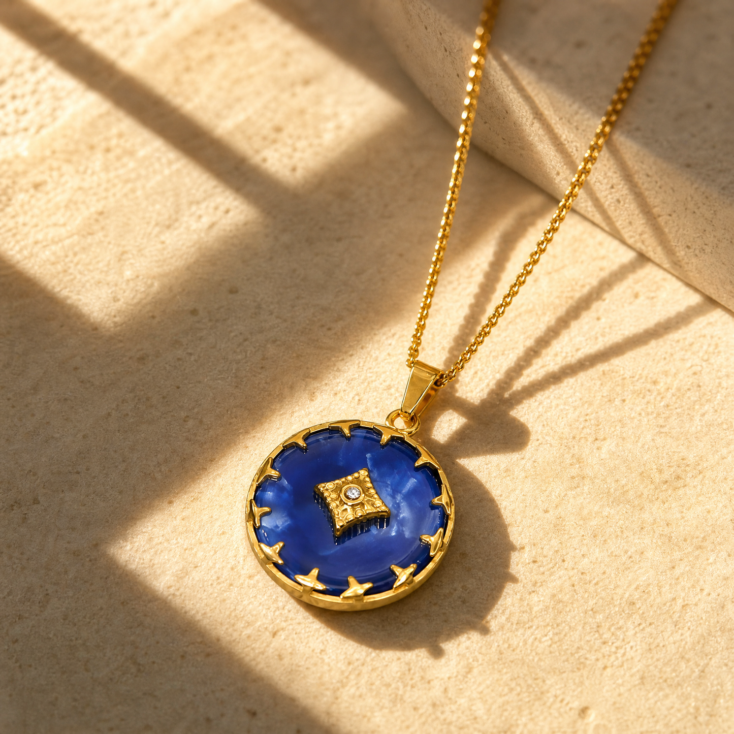 Gold Plated Blue Acetate Vintage Starburst Pendant Necklace