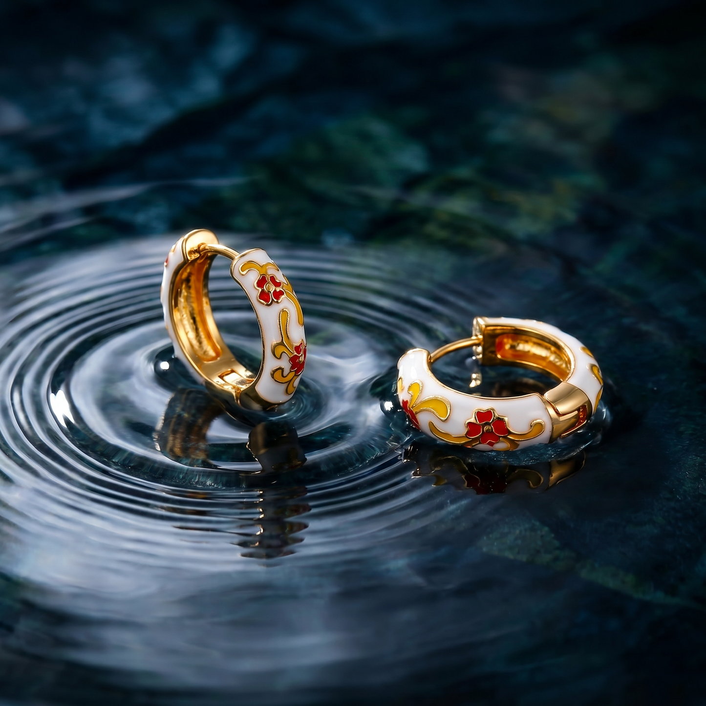 Gold Plated Floral Enamel Chunky Huggie Hoop Earrings