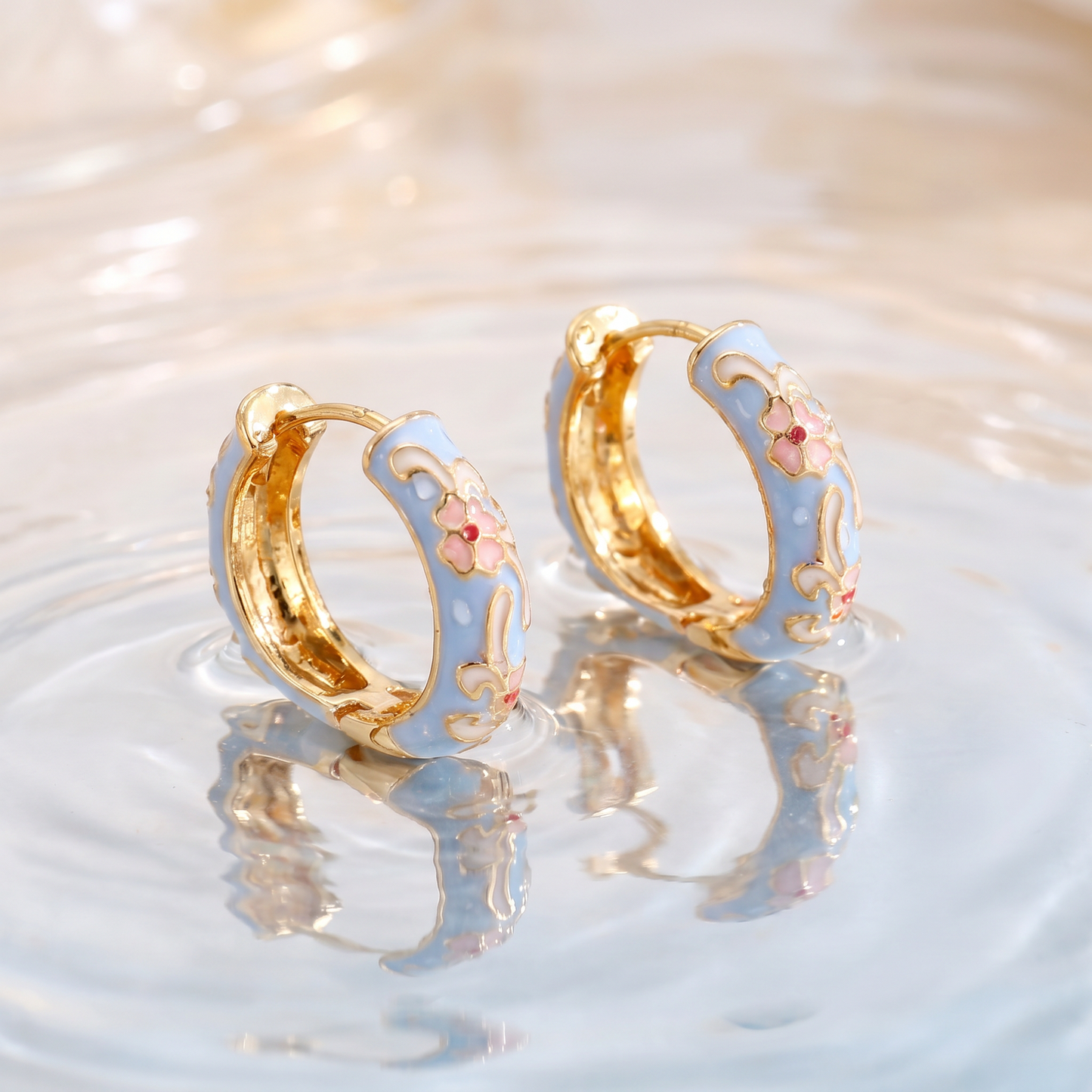 Gold Plated Floral Enamel Chunky Huggie Hoop Earrings