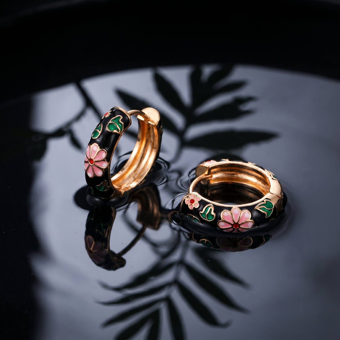 Gold Plated Floral Enamel Chunky Huggie Hoop Earrings