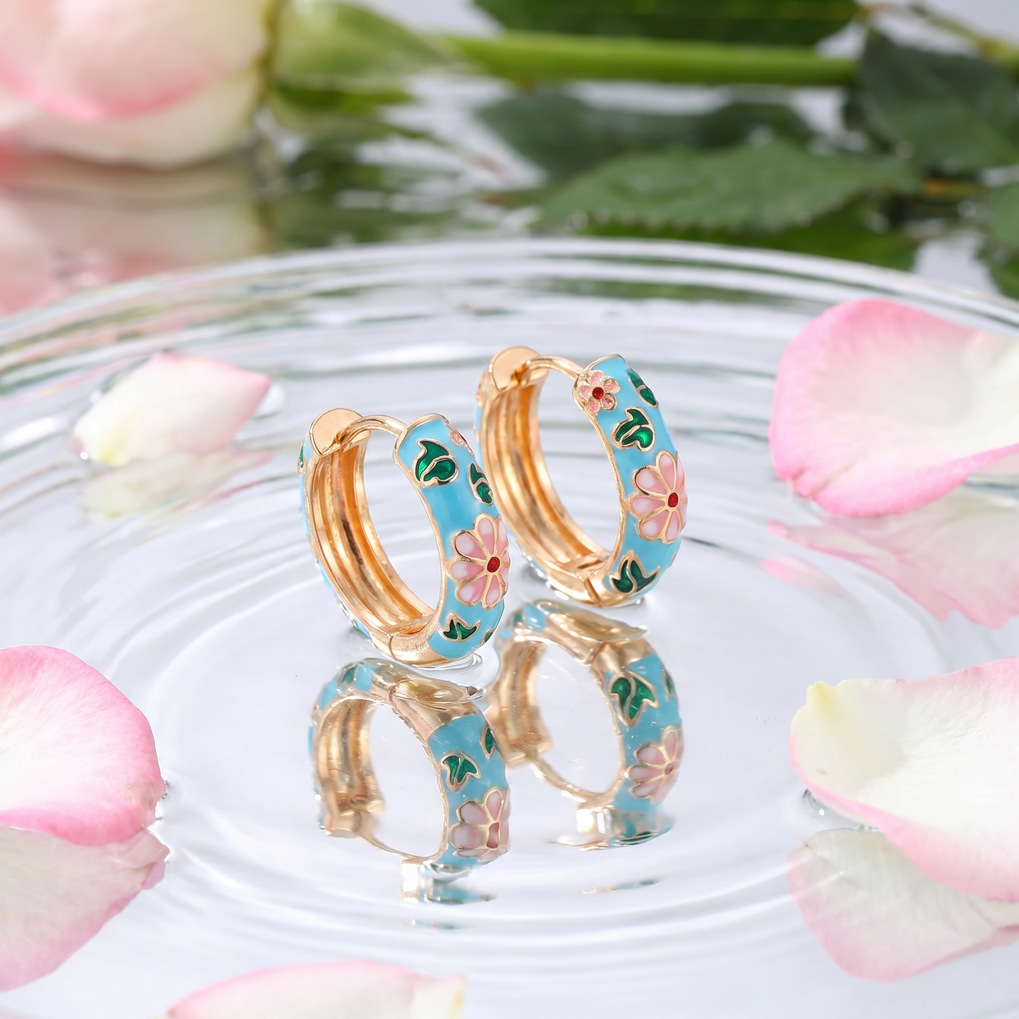 Gold Plated Floral Enamel Chunky Huggie Hoop Earrings