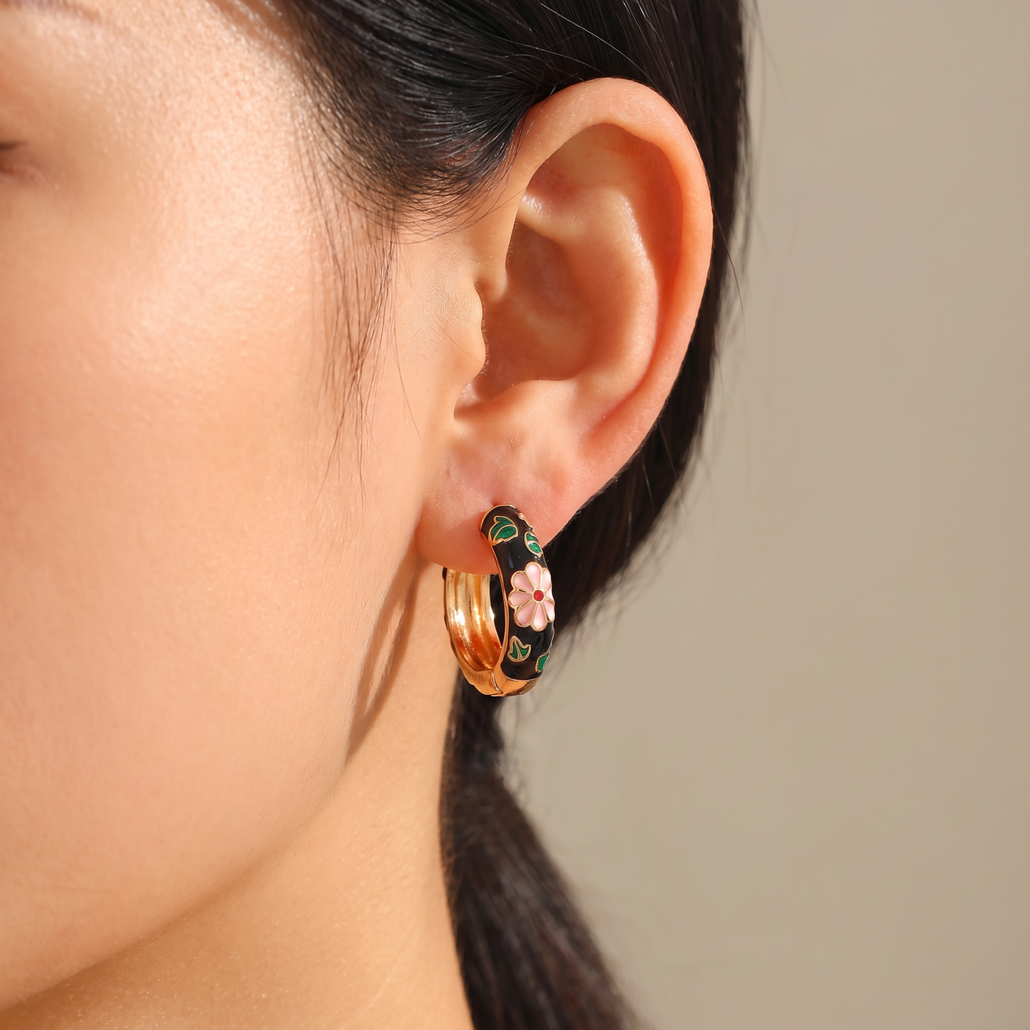 Gold Plated Floral Enamel Chunky Huggie Hoop Earrings