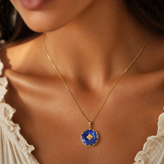 Gold Plated Blue Acetate Vintage Starburst Pendant Necklace