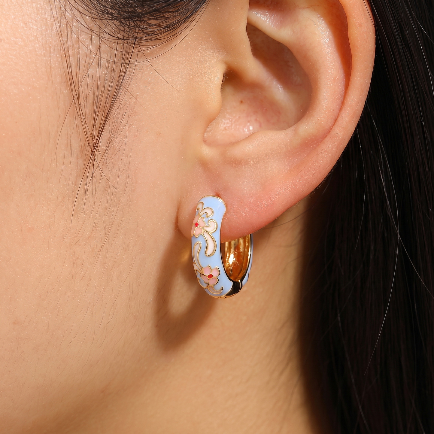 Gold Plated Floral Enamel Chunky Huggie Hoop Earrings