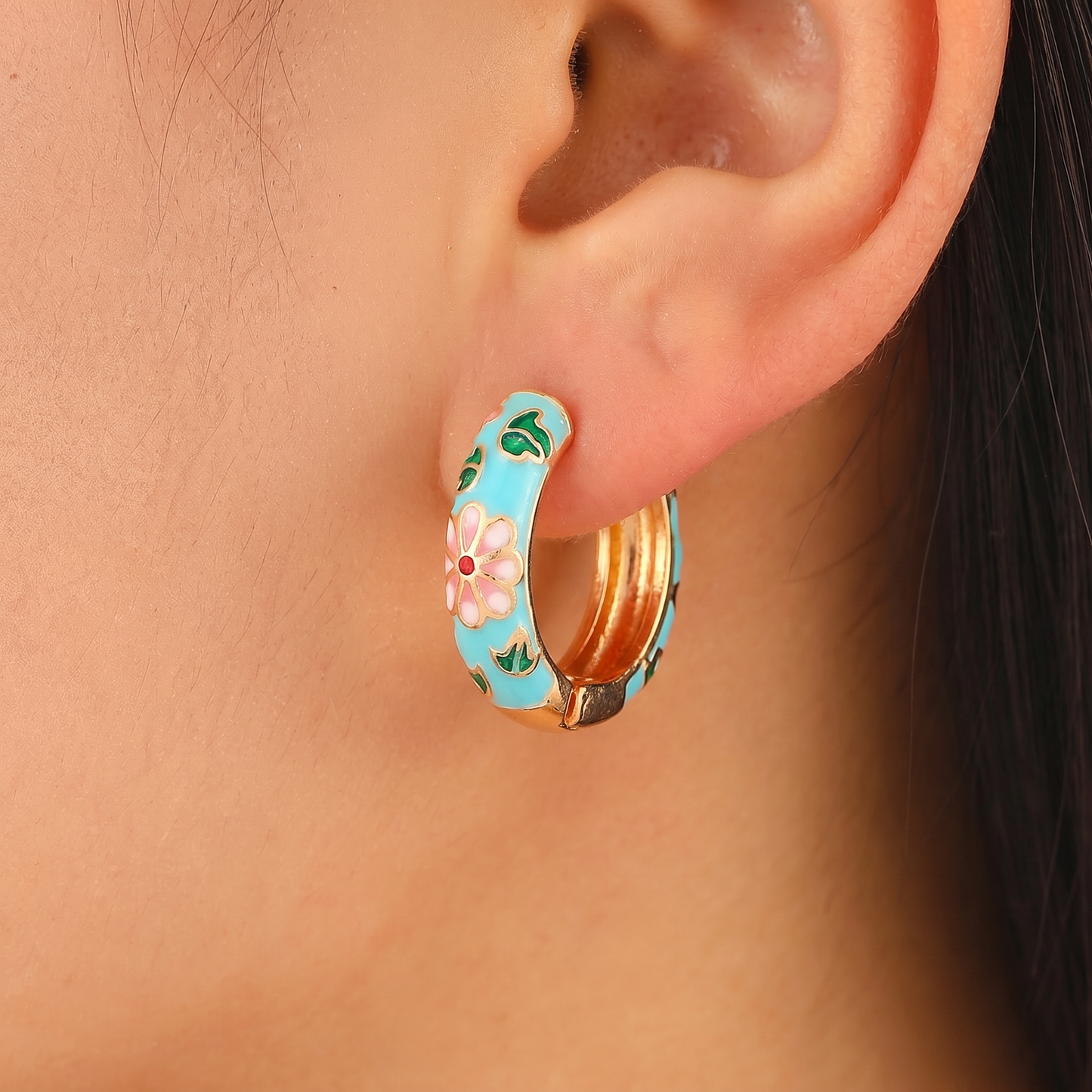 Gold Plated Floral Enamel Chunky Huggie Hoop Earrings