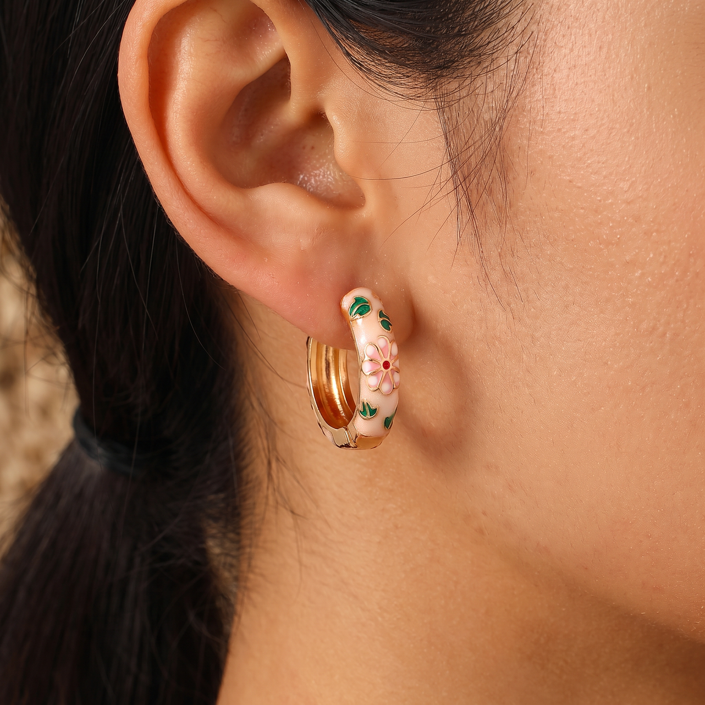 Gold Plated Floral Enamel Chunky Huggie Hoop Earrings
