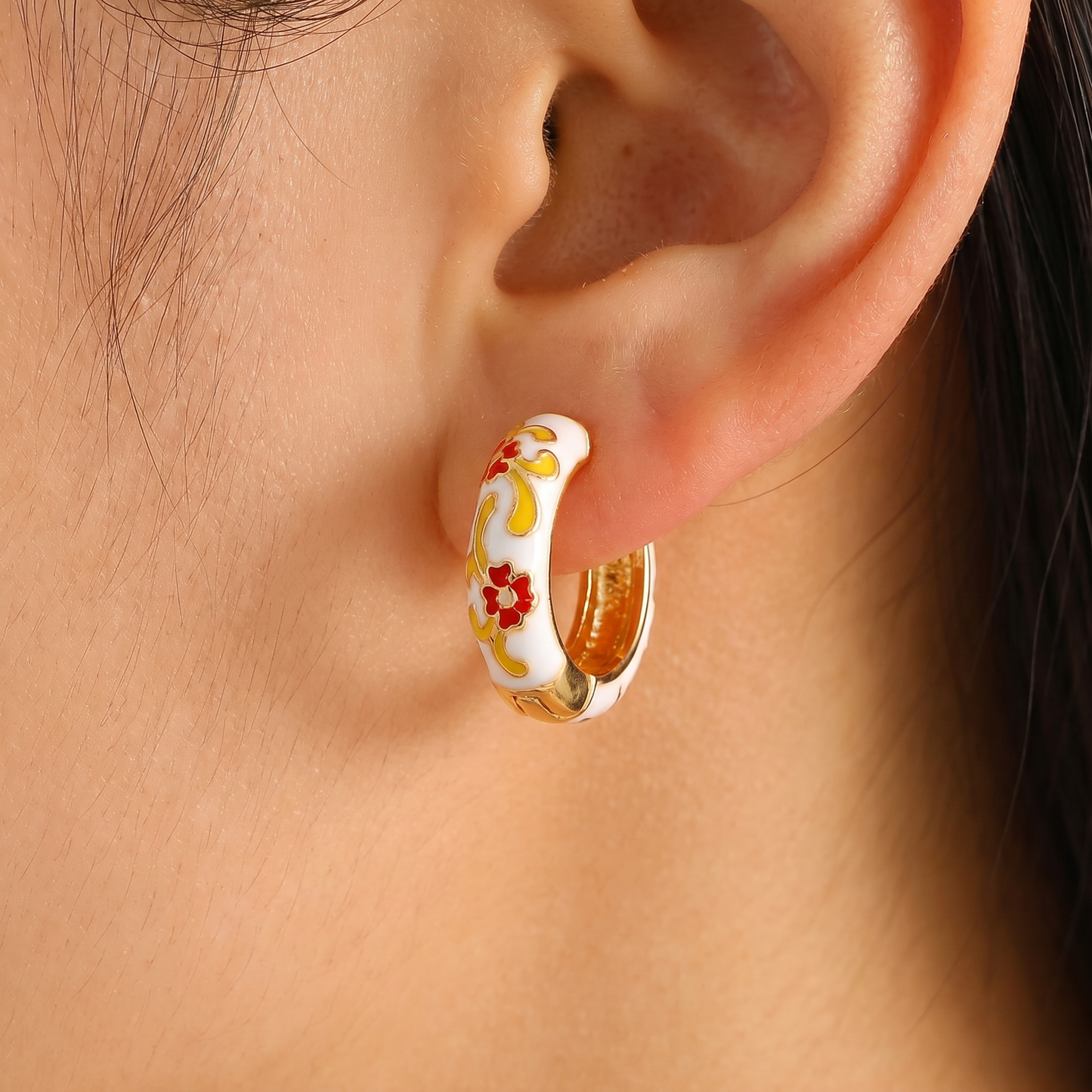 Gold Plated Floral Enamel Chunky Huggie Hoop Earrings