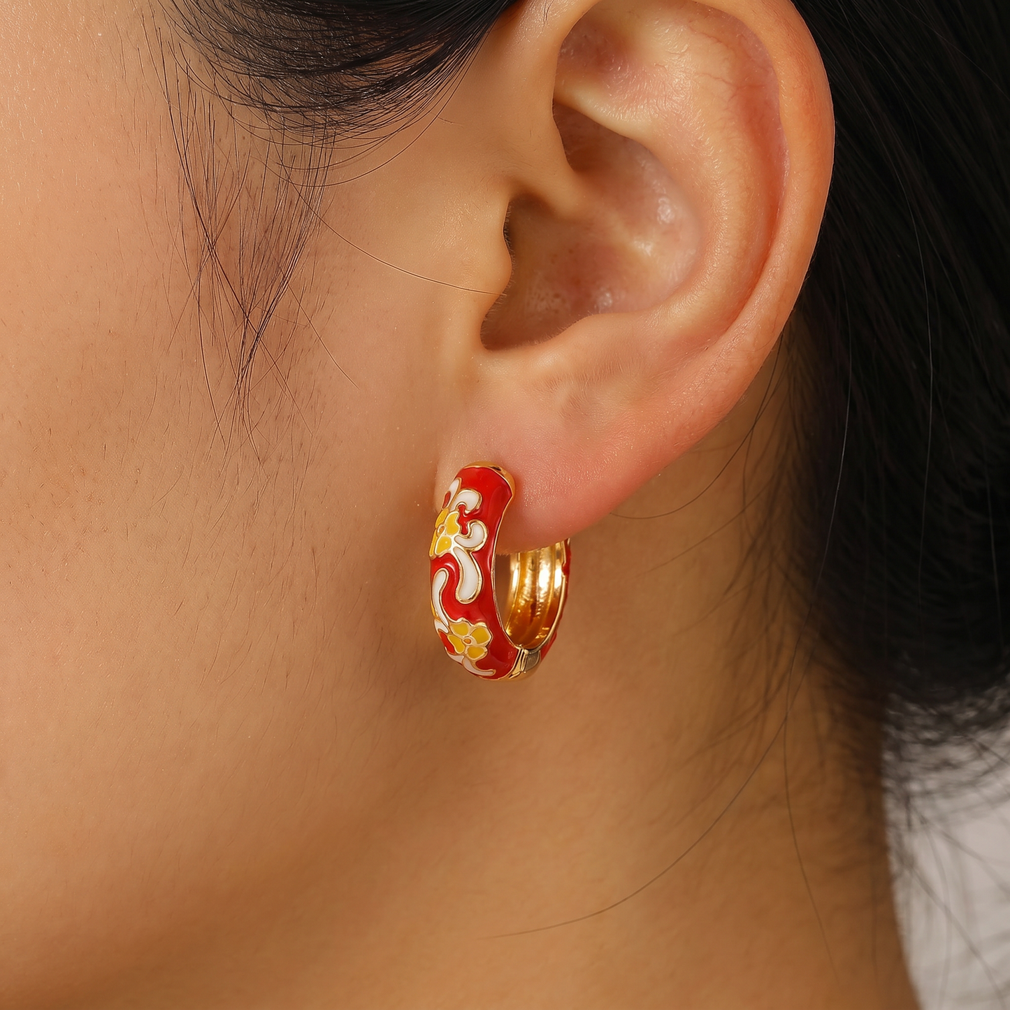 Gold Plated Floral Enamel Chunky Huggie Hoop Earrings