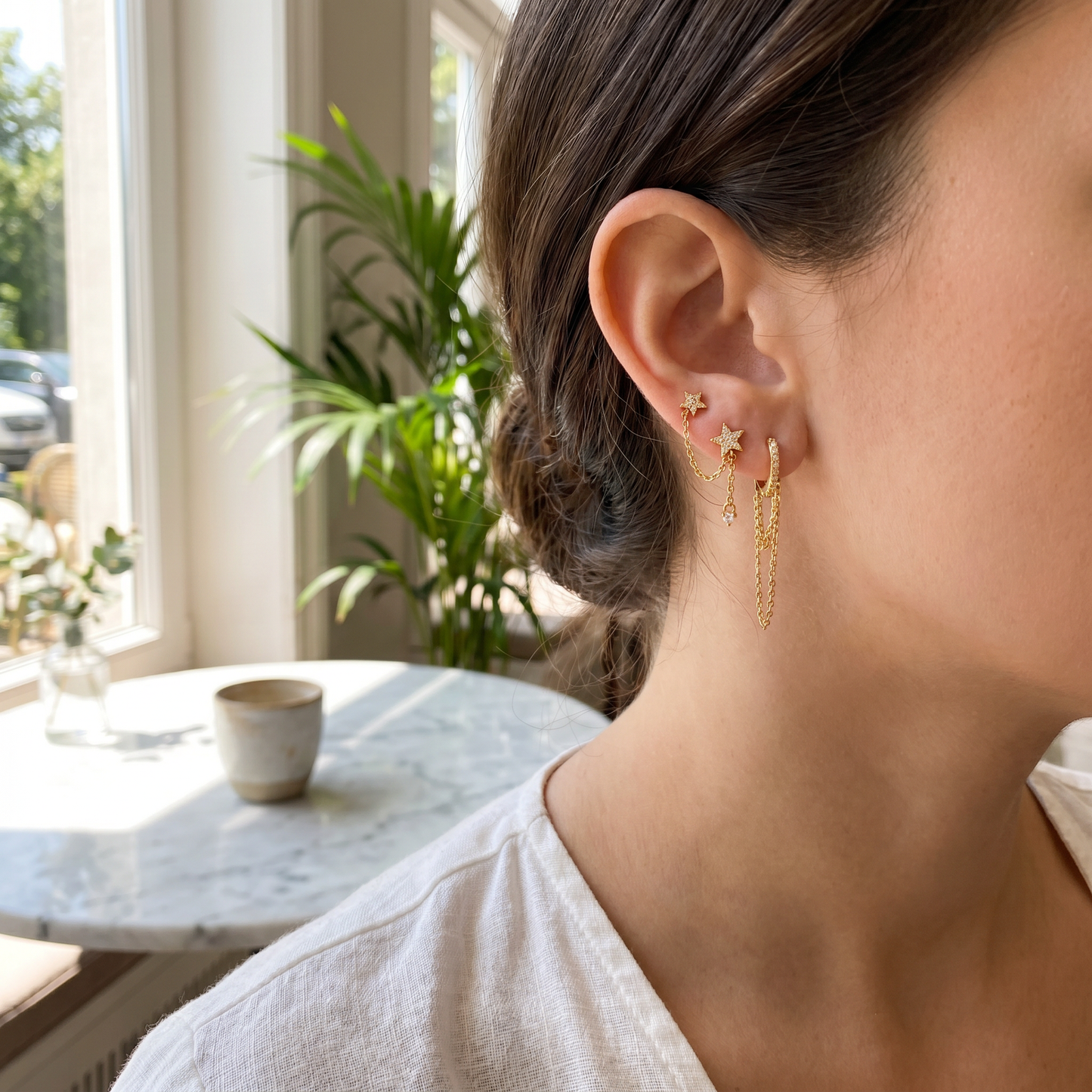 925 Sterling Silver CZ Star Chain Earrings