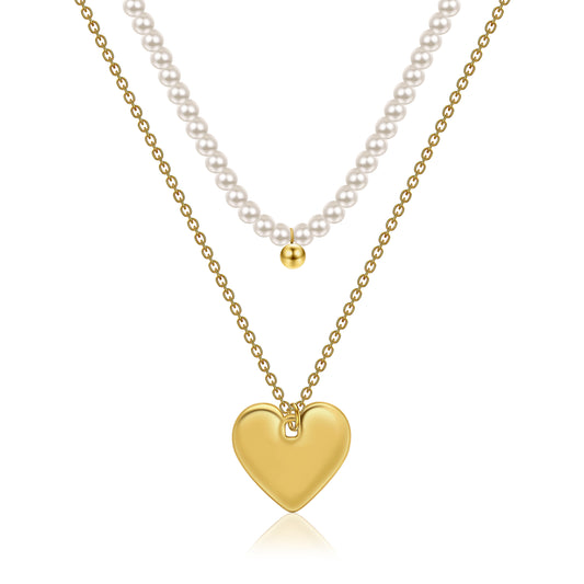 Layered Pearl Heart Pendant Necklaces